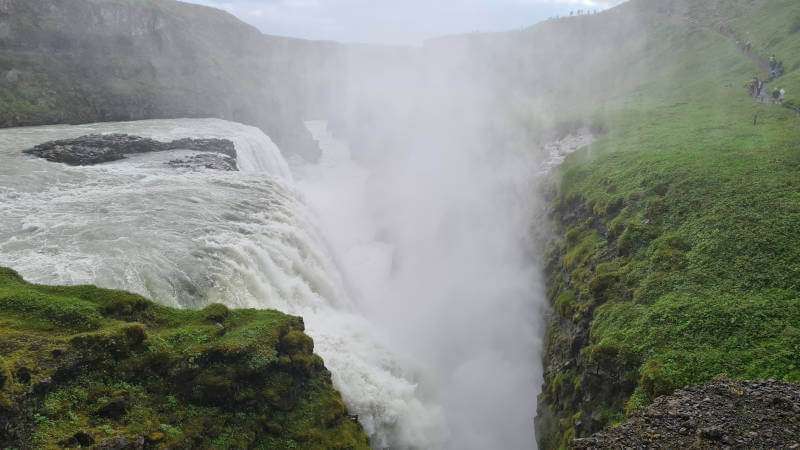 Gullfoss Waterfall, water falling into a canyon