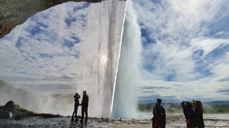 Tour package picture showing geyser and waterfall in Iceland