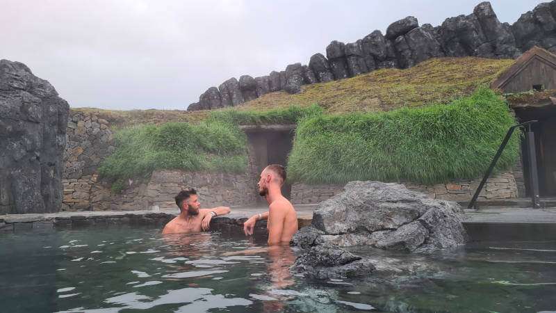 Sky Lagoon, guys chilling in geothermal water