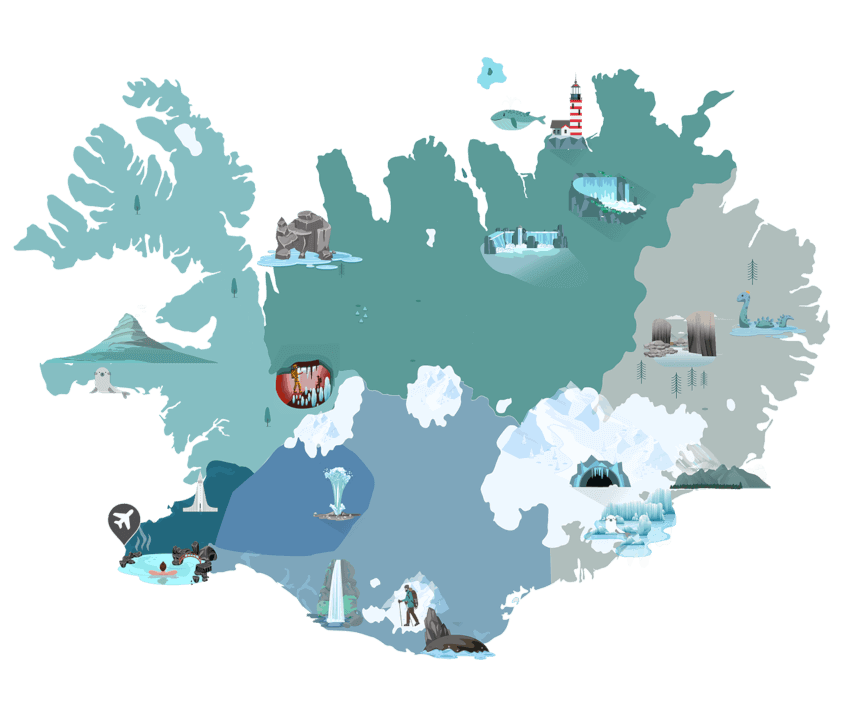 Iceland map with water attractions