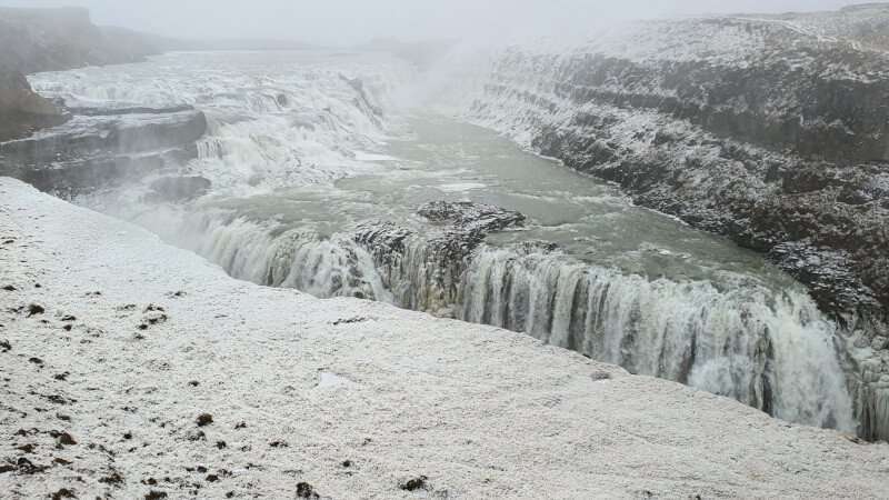 Gullfoss waterfall winter with frozen cascades and snow around