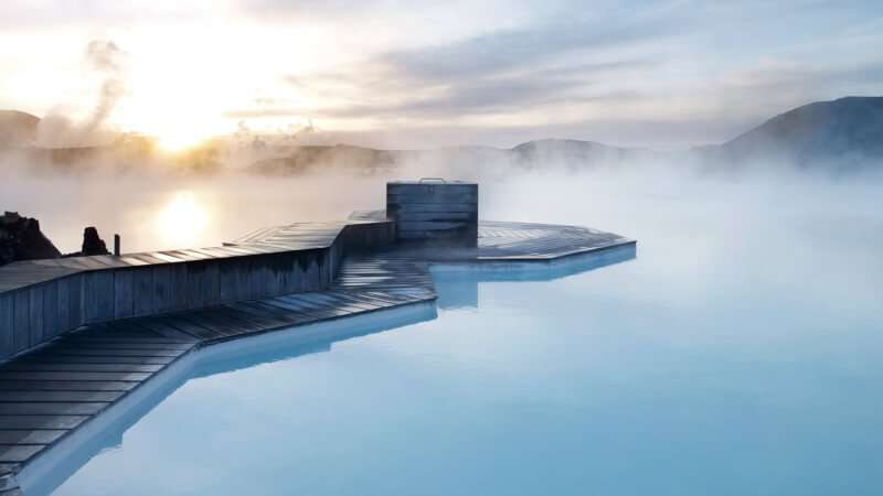 Blue Lagoon at sunset, steaming water