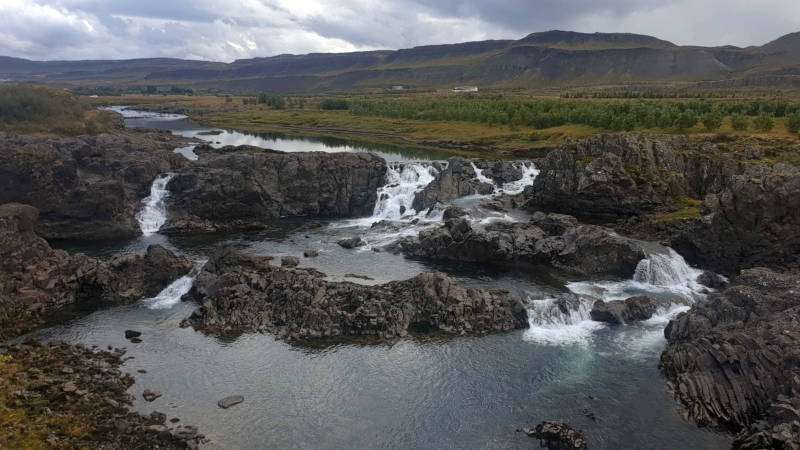 Birds eyes view over the rocky waterfalls in iceland