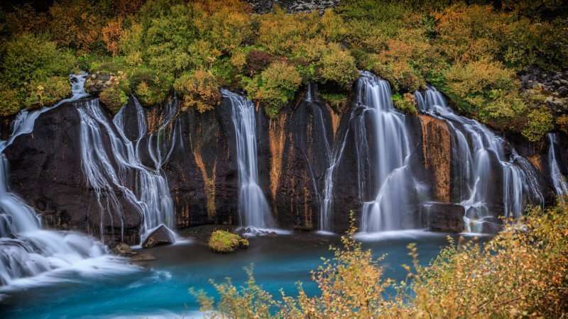 Hraunfossar, lava waterfalls in the autumn