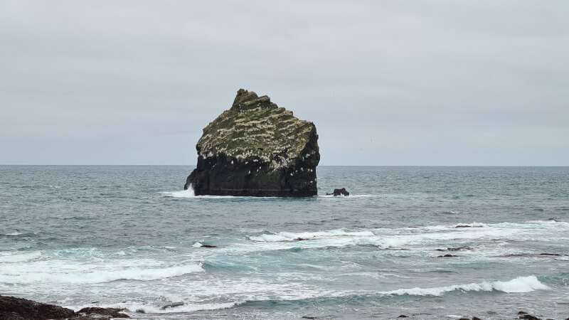A rock in the ocean at the coast of Iceland on a sunny day