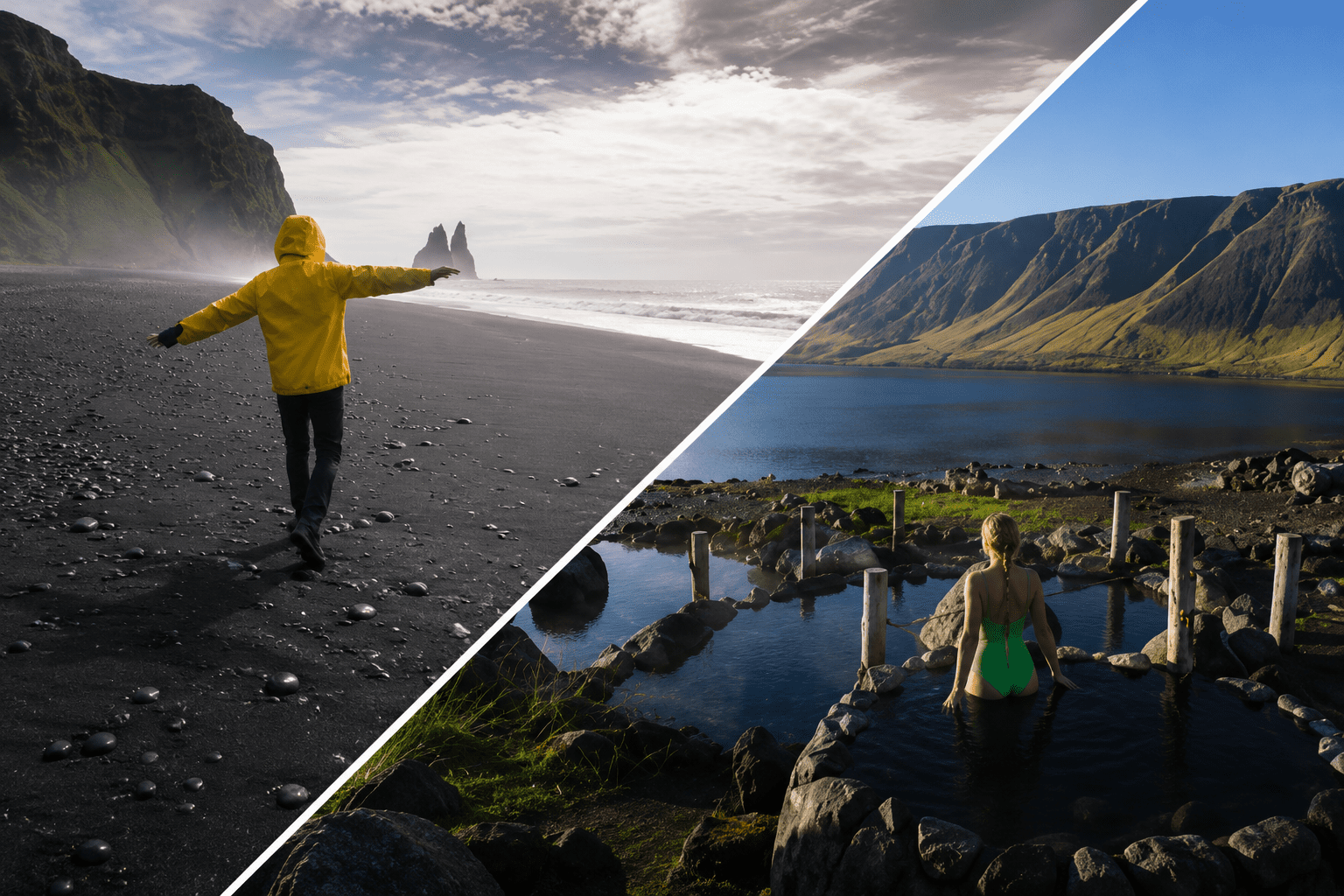 Black sand beach at Reynisfjara and geothermal bathing at Hvammsvík in Iceland