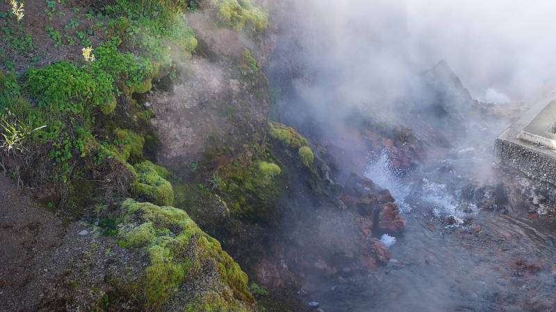 Deildartunguhver Hot Spring with steam and green moss