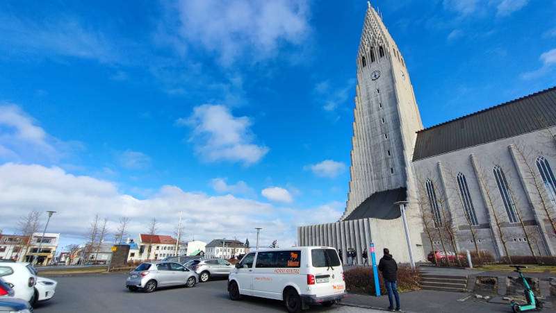Bus Stop 8 - Hallgrimskirkja with a church and parking view
