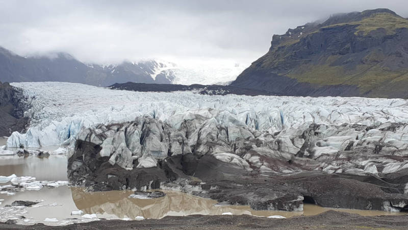 glacier on a cloudy day, panoramic drone picture