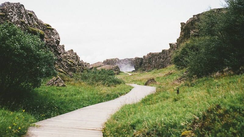 Thingvellir National Park during the summer time, a path trough the canyon with green grass