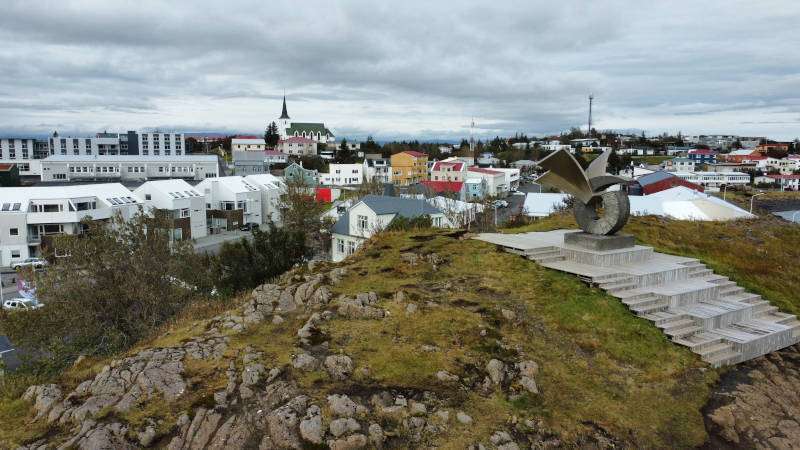 Borgarnes Town, view on the top of the hill with a sculpture