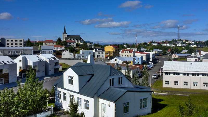 Small town in Iceland with church in the background