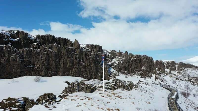Þingvellir with Icelandic flag during the winter