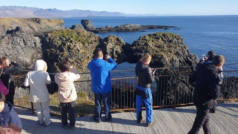 Tourists visiting cliffs on a Icelandic coast