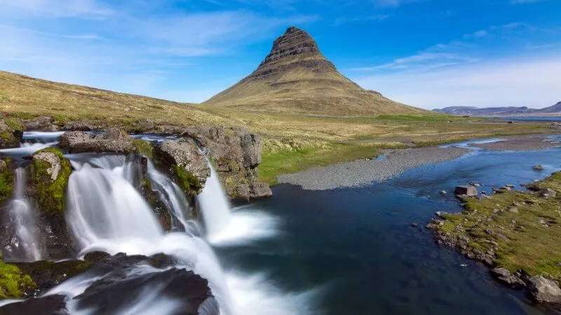 Snaefellsnes National Park on a sunny day with Kirkjufell and waterfalls, Small Group Day Tour