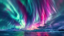 Colorful Northern Lights over an Icelandic winter landscape